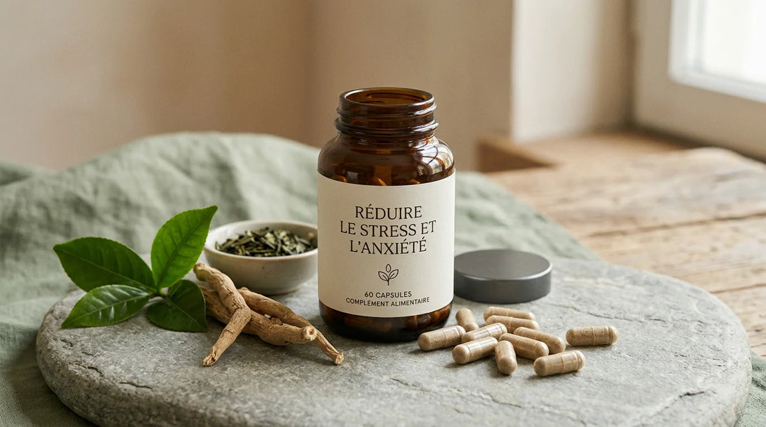 Complément alimentaire en gélules entouré d'ingrédients naturels pour aider à réguler le cortisol