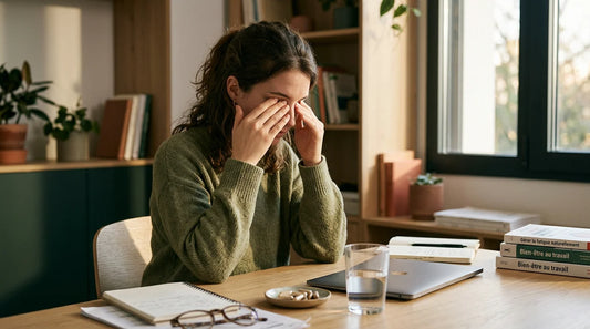 Jeune femme fatiguée à son bureau en fin de journée