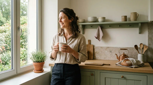 Femme détendue dans une cuisine lumineuse évoquant la gestion du stress et l'équilibre